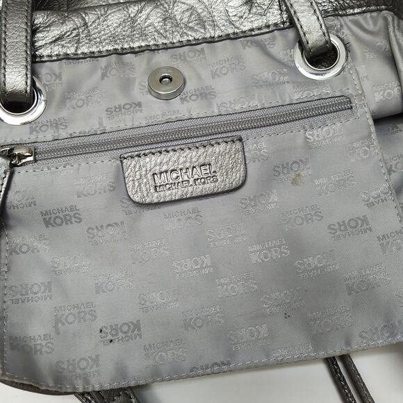 Michael Kors Jet Set Metallic Gray Leather Double Handles Tote Shoulder Bag - Picture 12 of 13